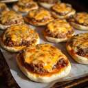 Old School Pizza BurgersLightly toast hamburger bun halves on 350°. Set aside.Cook, crumble and drain ground beef.Stir in pizza sauce, Italian seasoning.  Put mixture on 1/2 of a burger bun.  Top with sharp cheddar cheese.  Bake at 350° for about 12 minutes, until cheese melts. The bun should have a slight crunch on the bottom.