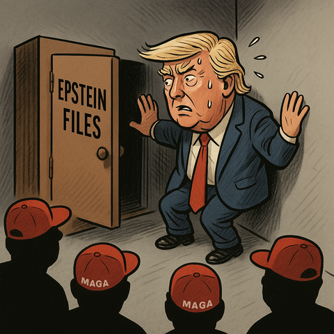 A dimly lit cartoon-style corner. A shadowy, faceless figure stands under a harsh spotlight, nervously eyeing scattered papers labeled “Epstein Files.” The walls around him are labeled “Promises,” “Base,” and “Truth.” From the shadows, silhouetted red hats loom closer, some holding torches, others pointing fingers. The mood is tense — truth pressing in from all sides.