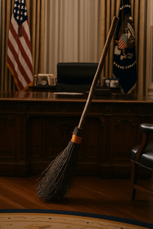 A witch’s broom leaning against the Resolute Desk in the Oval Office, symbolizing investigations into Donald Trump.